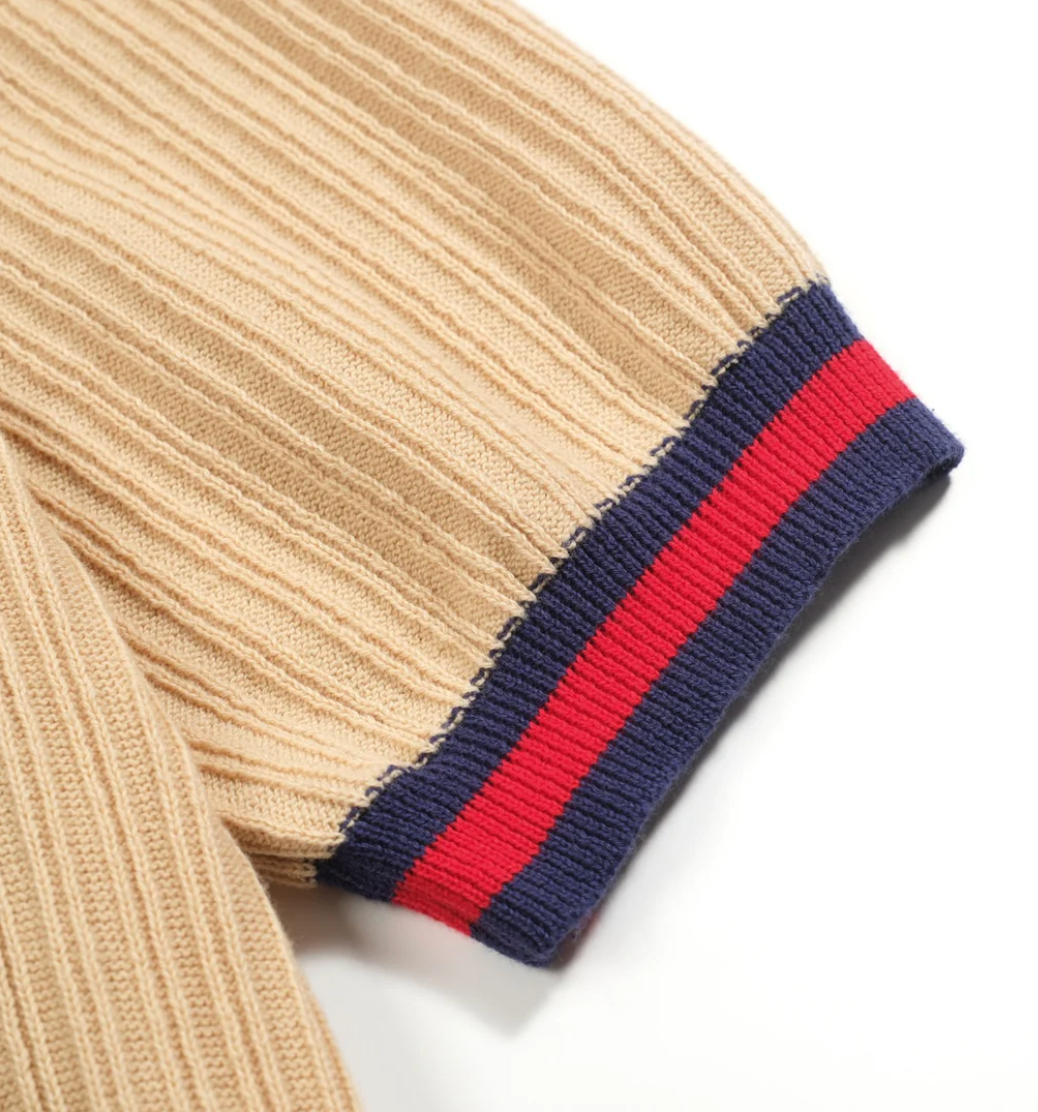 The Premium Regent Ribbed Knit Polo - Sand, Navy & Red