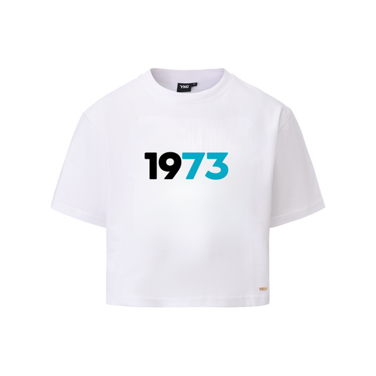 The 1973 Collection Greatness Female Cropped Tee - White/Aqua