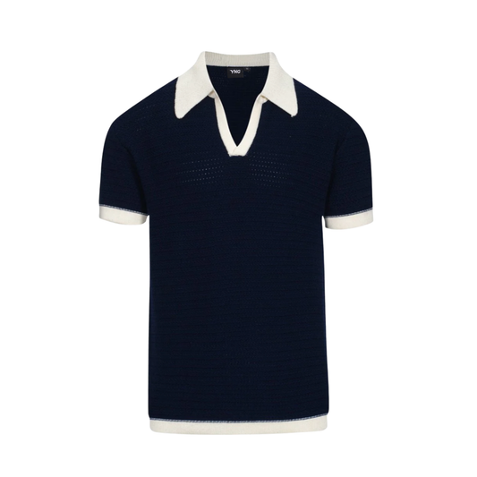 The Premium Riviera Mesh Knit Polo - Navy & Cream