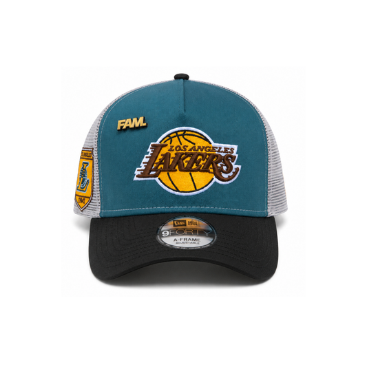 FAM. x New Era Lakers 9FORTY A-Frame Trucker Hat Teal/ Gray