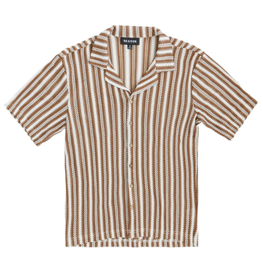 Reason Striped Knit Button Down Shirt - Tan