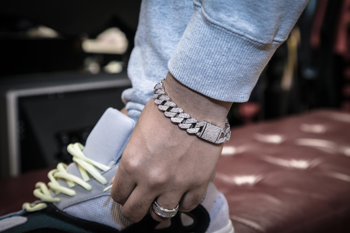 Golden Gilt Studded Prong Cuban Handchain - Silver