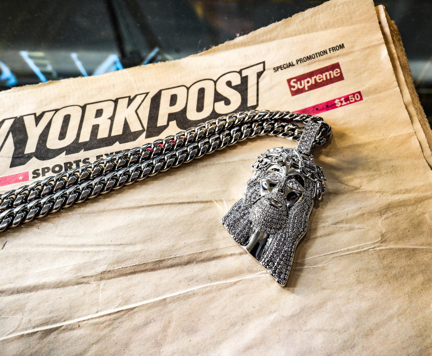 Golden Gilt XL Jesus Cuban Chain - Silver