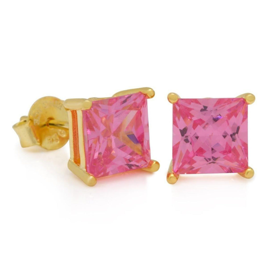 King Ice 14K Gold Sterling Silver Pink Stud Princess Earring