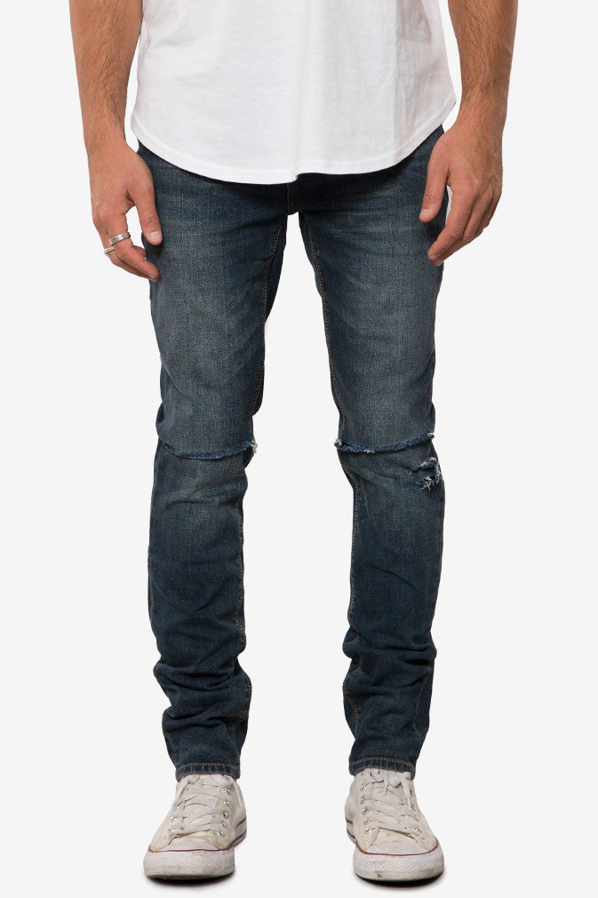 Elwood Medium Indigo Destructed Slim Tapered Denim