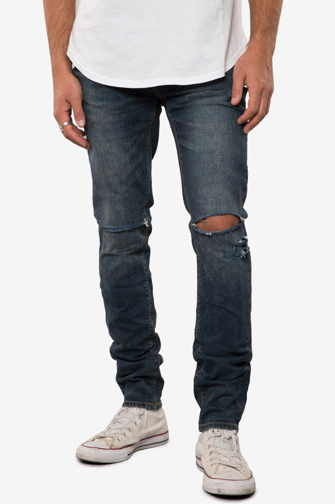 Elwood Medium Indigo Destructed Slim Tapered Denim