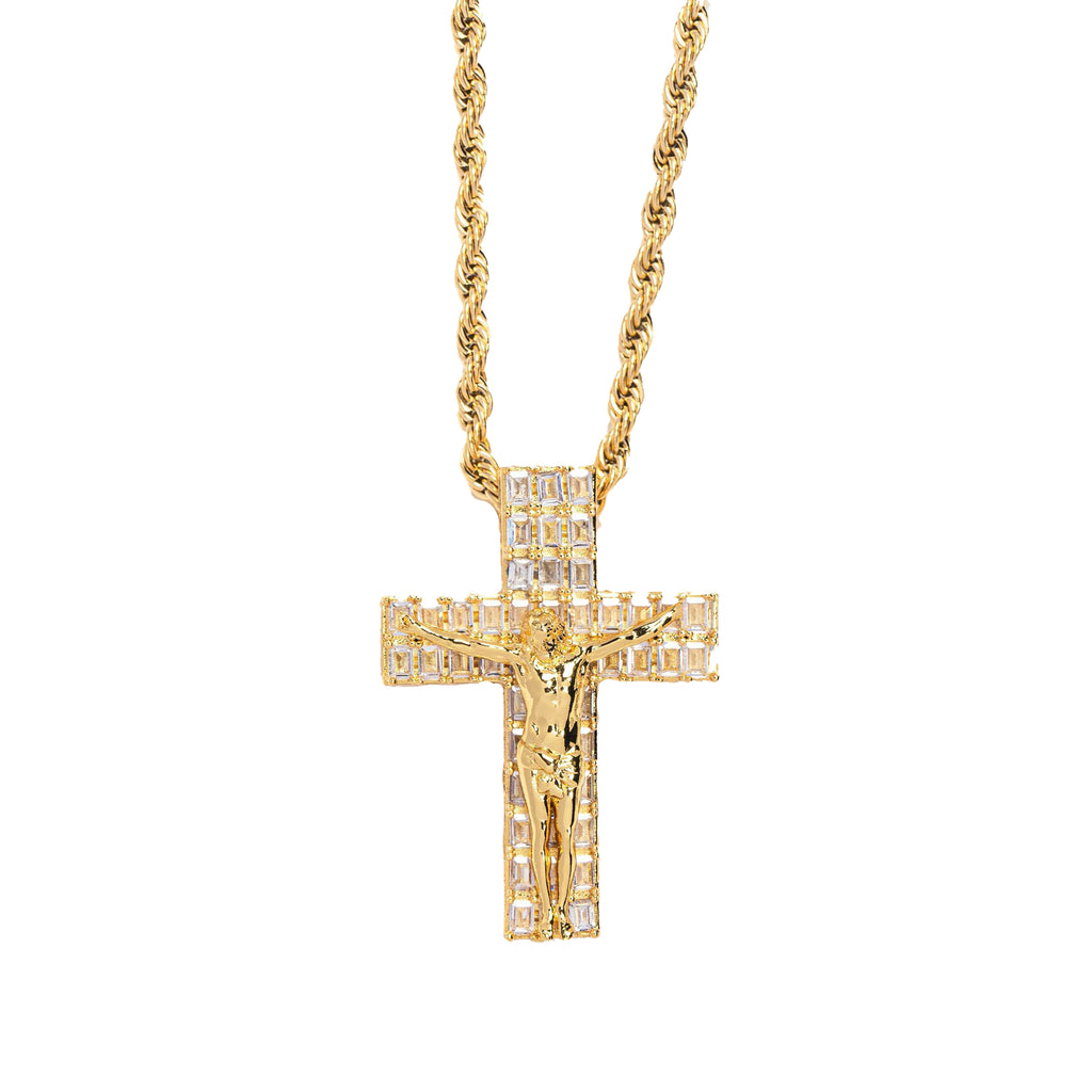 Gold Gods Gold Baguette Flooded Crucifix Cross & Chain