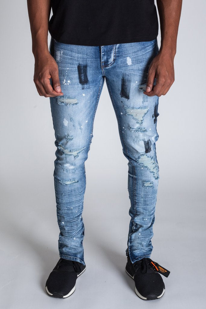 KDNK Paint Distressed Ankle Zip Jeans