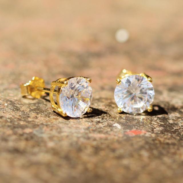 King Ice .925 Sterling Silver Gold Clear Round Stud