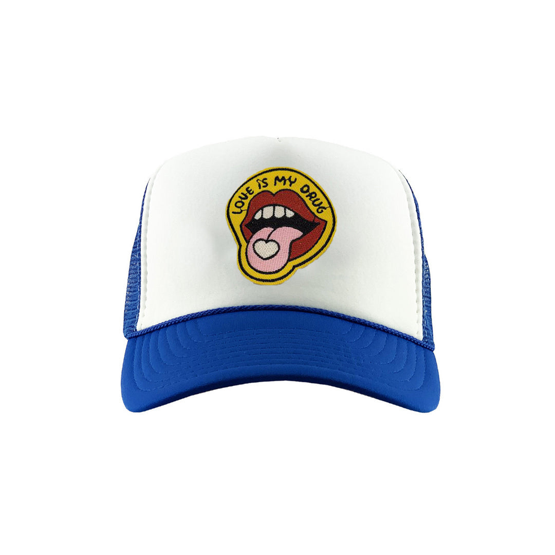 TDNY Love is My Drug Trucker Hat in Blue/White