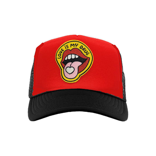 TDNY Love is My Drug Trucker Hat in Red/Black