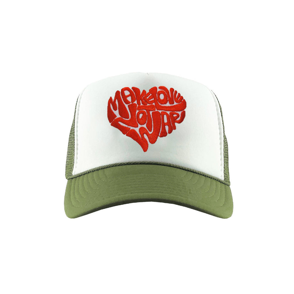TDNY Make Love Not War Trucker Hat in White/Olive