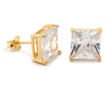 King Ice .925 Gold Clear Princess Cut Stud Earring