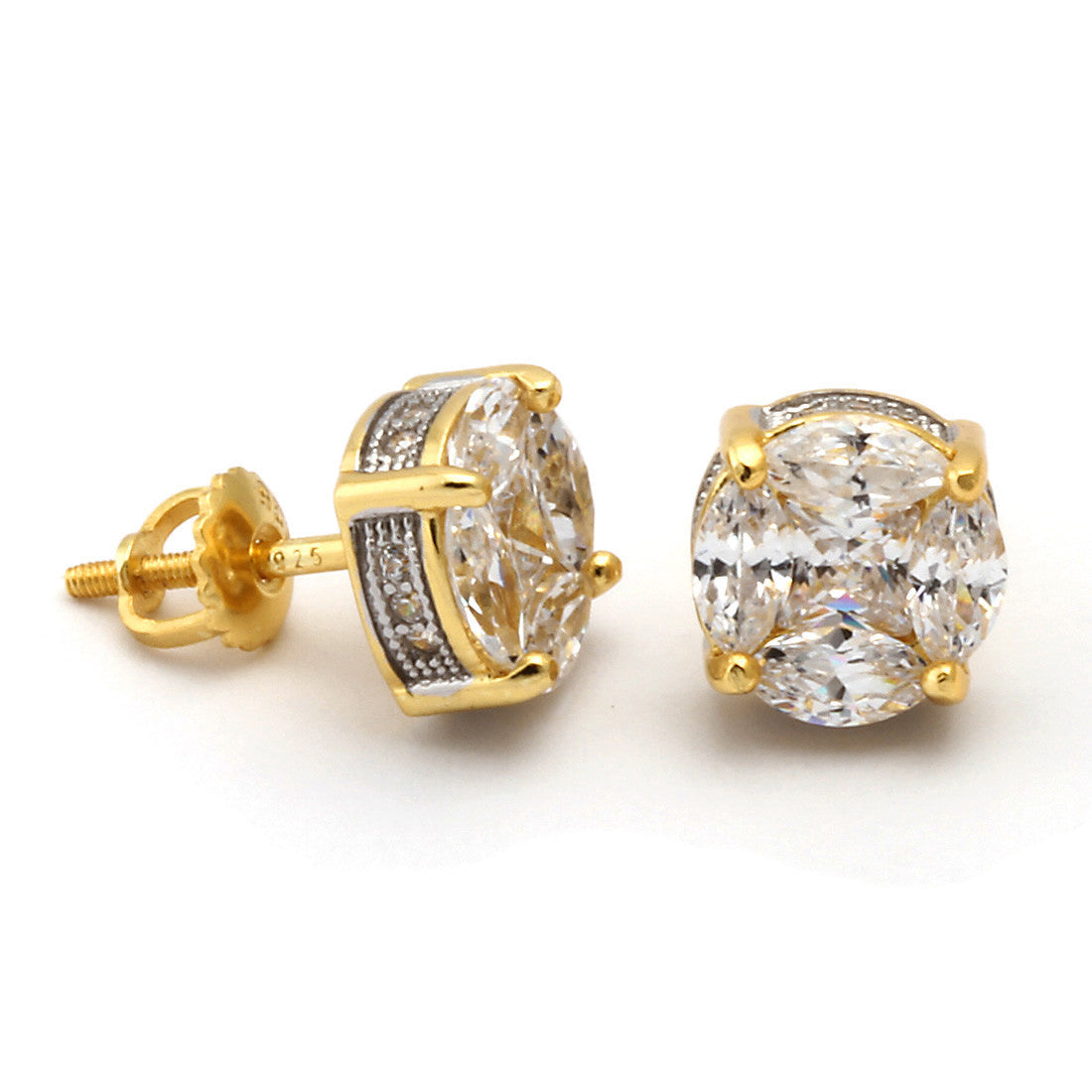 King Ice 14k Brilliant Cut Gold 3D Button Earrings