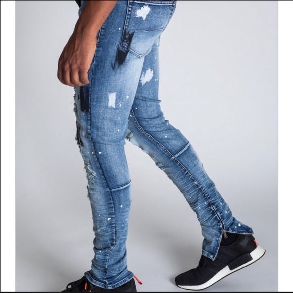 KDNK Paint Distressed Ankle Zip Jeans